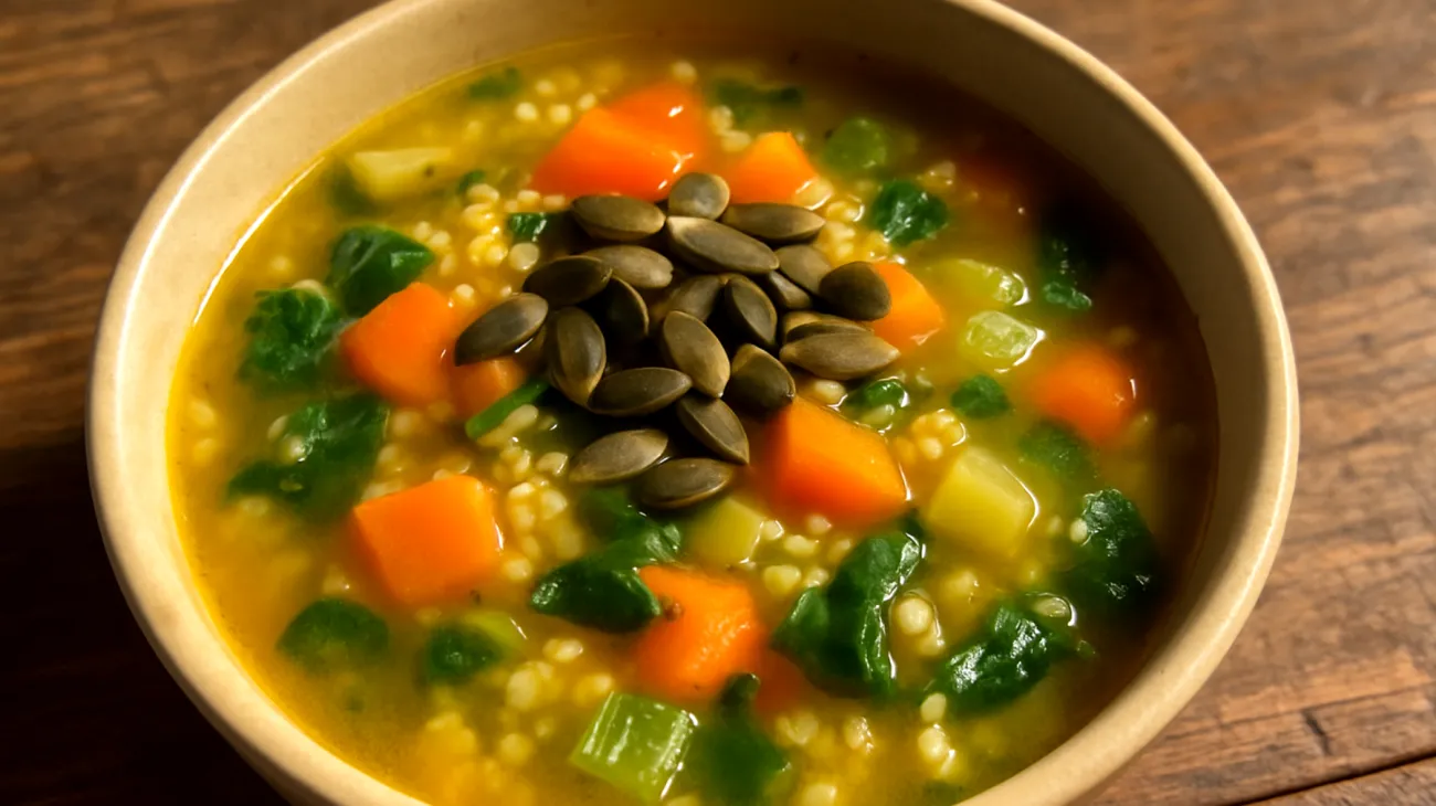 Zuppa di miglio con verdure di stagione e semi di zucca"